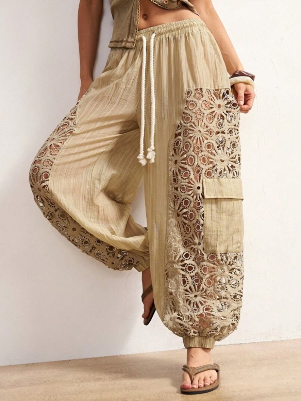 Tan Crochet Lace Panel Wide Leg Harem Pants with Cargo Pocket